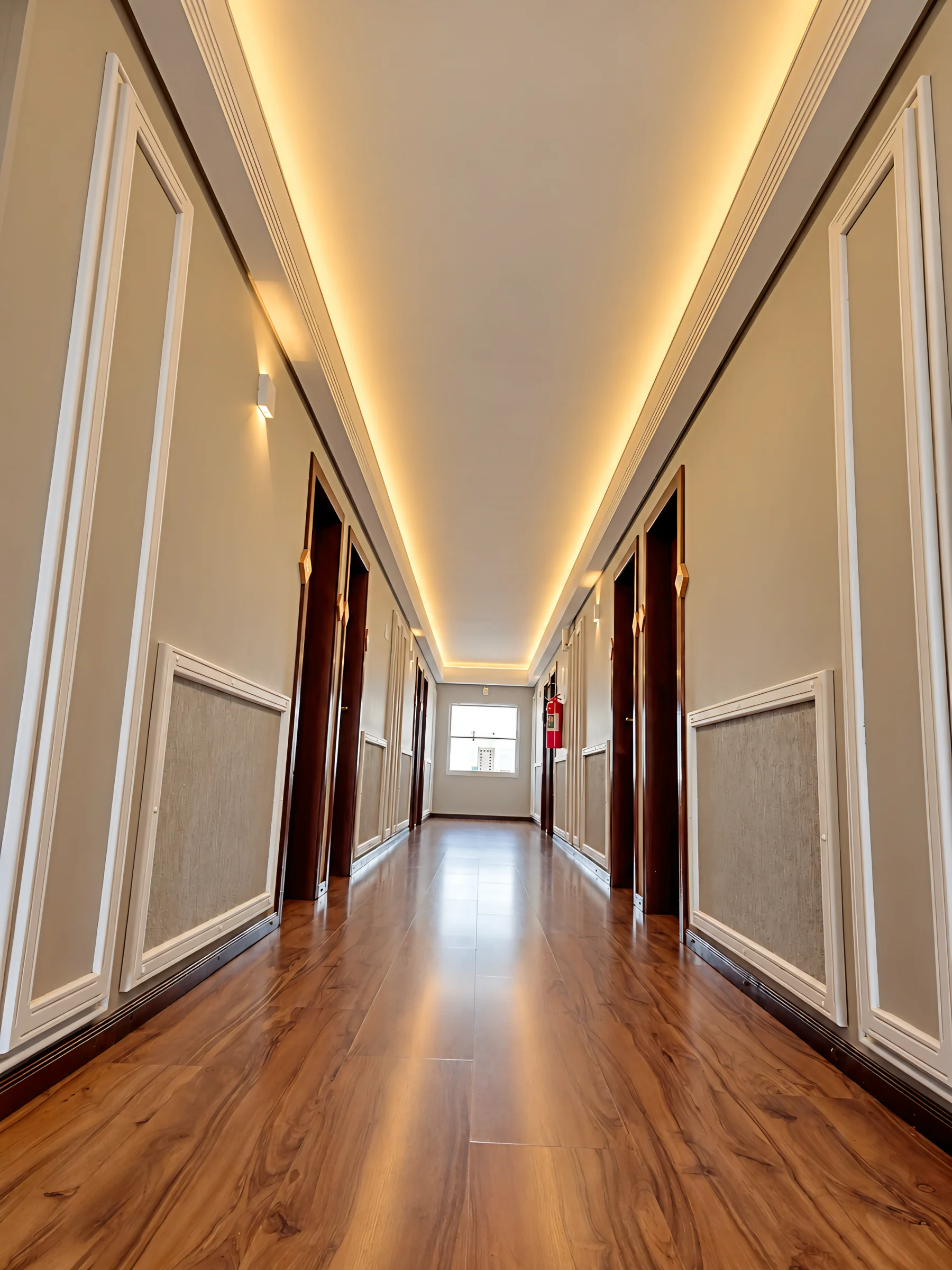 Corredor do Hotel Santoni com teto e iluminação em destaque